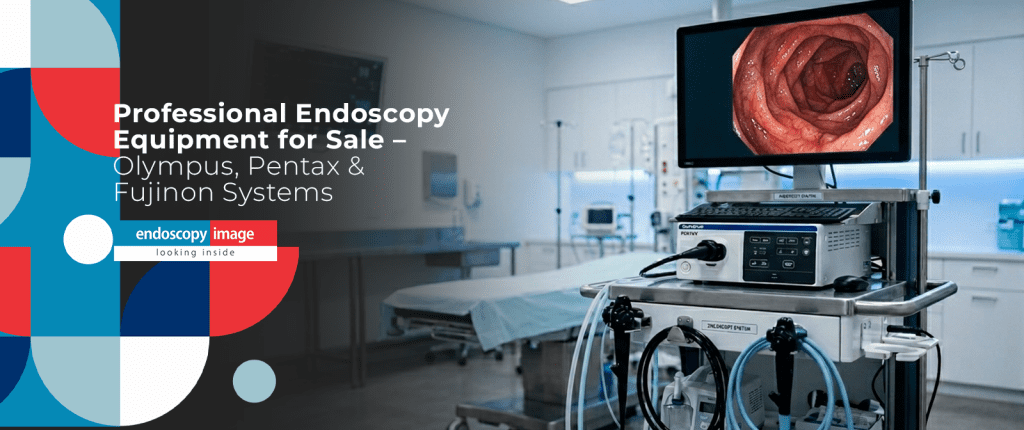 Endoscopy equipment cart with HD monitor displaying endoscopic image, inside a modern procedure room