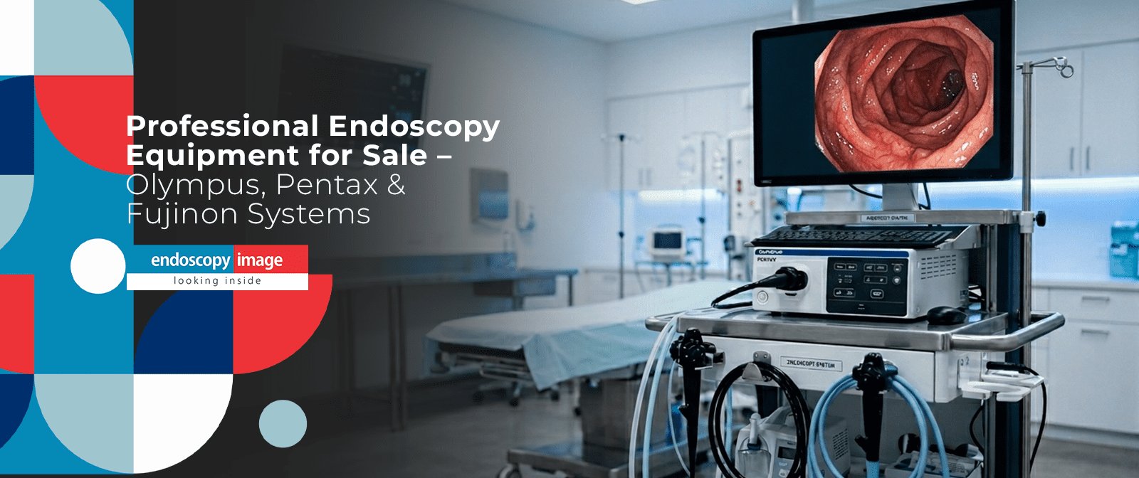 Endoscopy equipment cart with HD monitor displaying endoscopic image, inside a modern procedure room