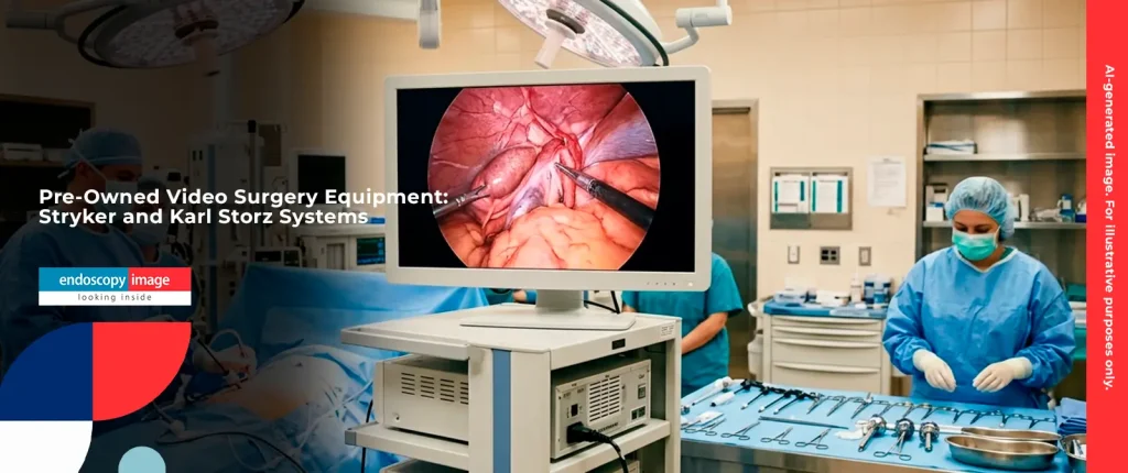 Surgical team performing laparoscopic procedure in operating room with video surgery tower and monitor
