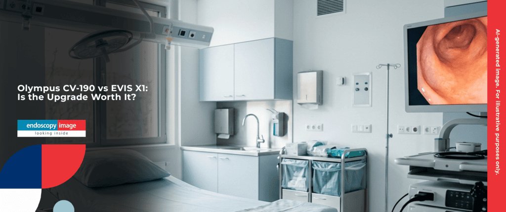 Modern endoscopy procedure room illustrating the choice between Olympus CV-190 and EVIS X1 platforms